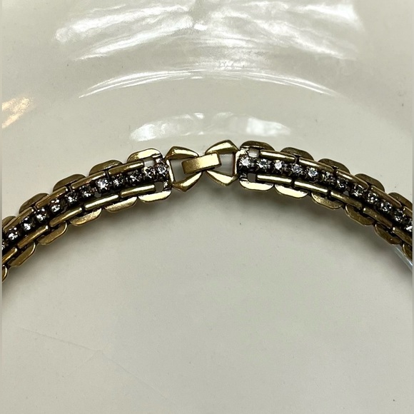 60s Vintage Gold Tone Chain Necklace Costume Collar Length Rhinestone Heavy Link - Picture 4 of 8